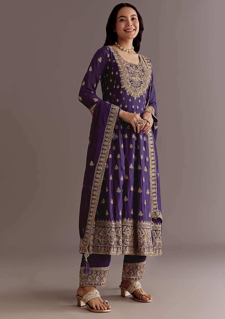 Purple Embroidered Chinon Anarkali Set - Indya