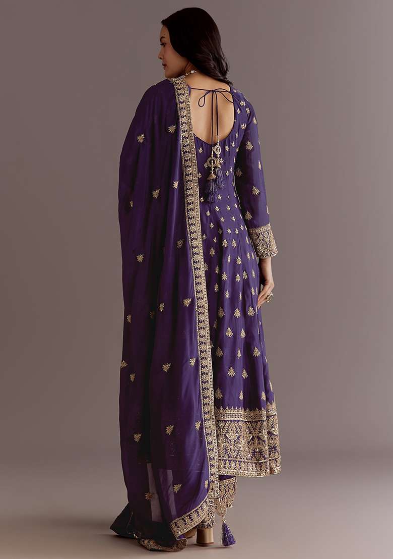 Purple Embroidered Chinon Anarkali Set - Indya