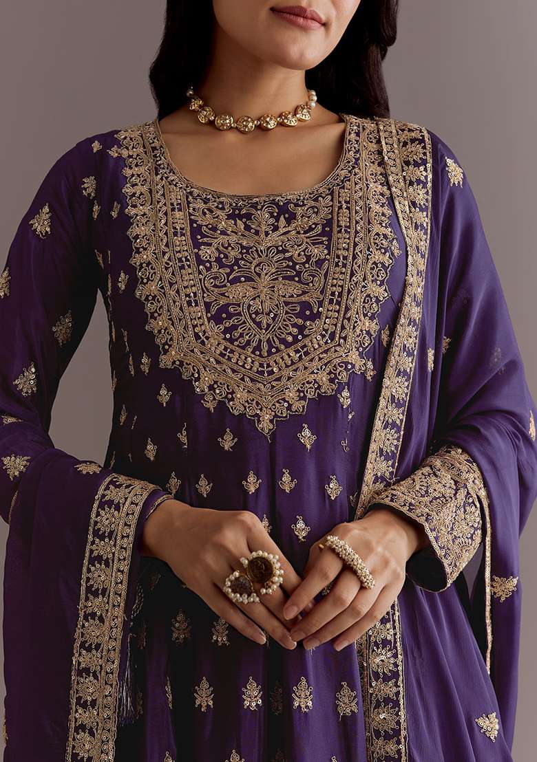 Purple Embroidered Chinon Anarkali Set - Indya