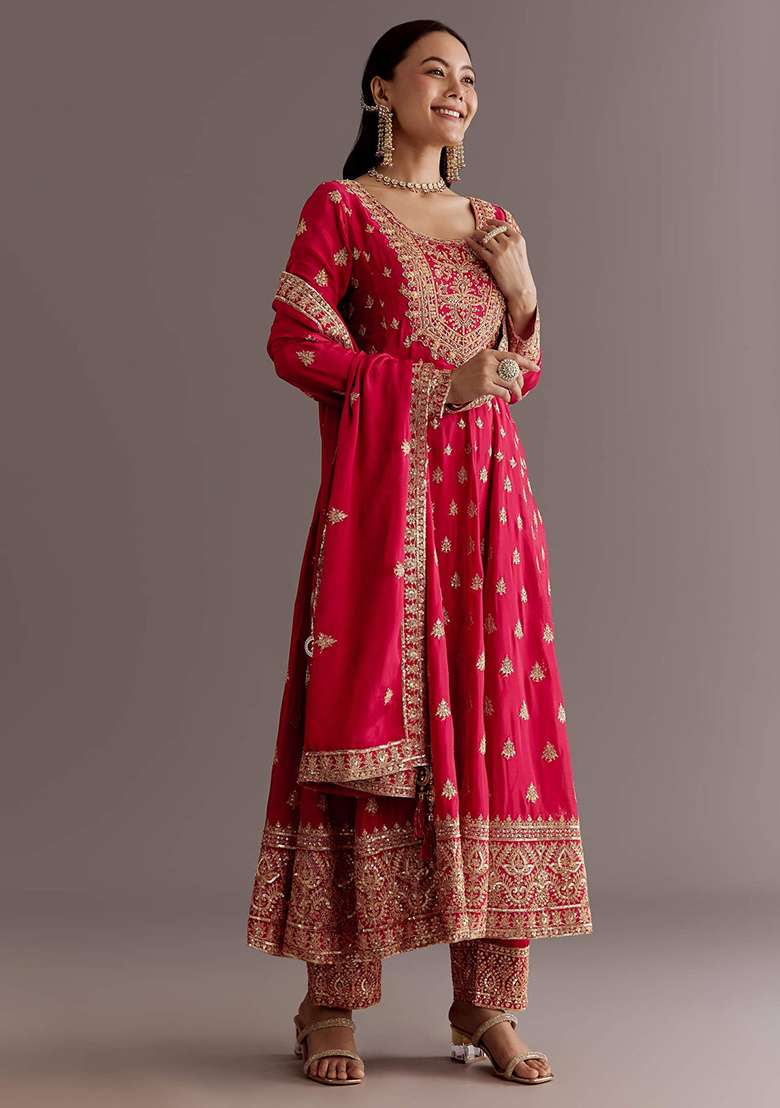 Red Embroidered Chinon Anarkali Set - Indya