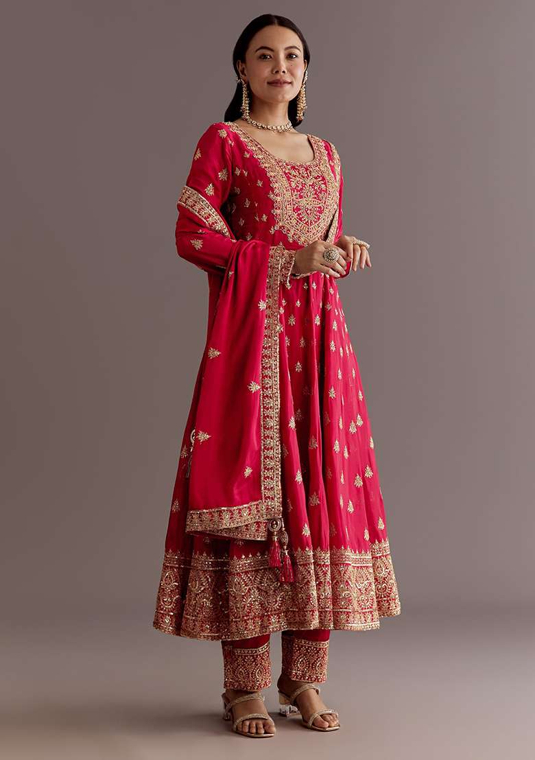 Red Embroidered Chinon Anarkali Set - Indya