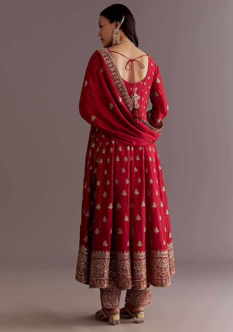 Red Embroidered Chinon Anarkali Set - Indya