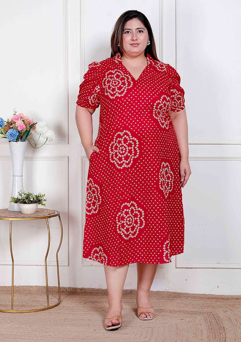 Red Bandhani Cotton Gown - Indya