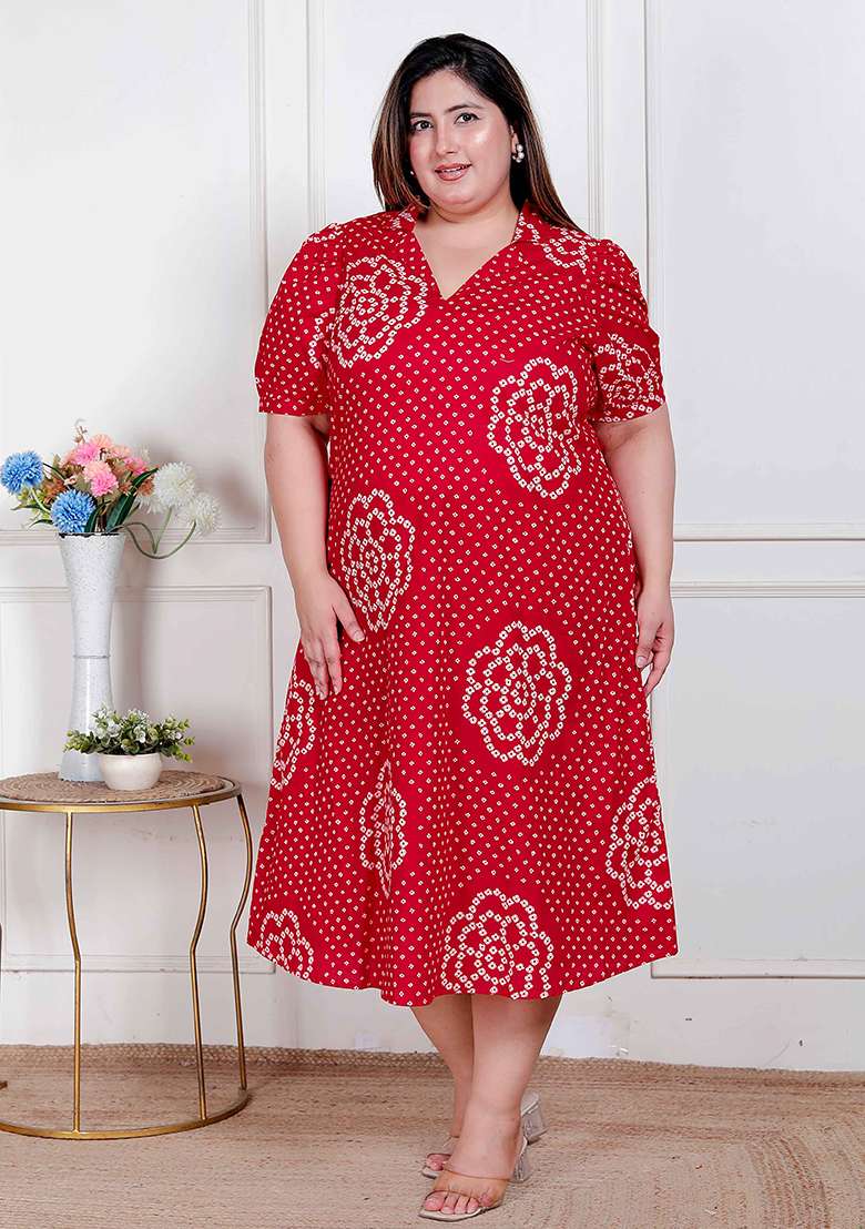 Red Bandhani Cotton Gown - Indya