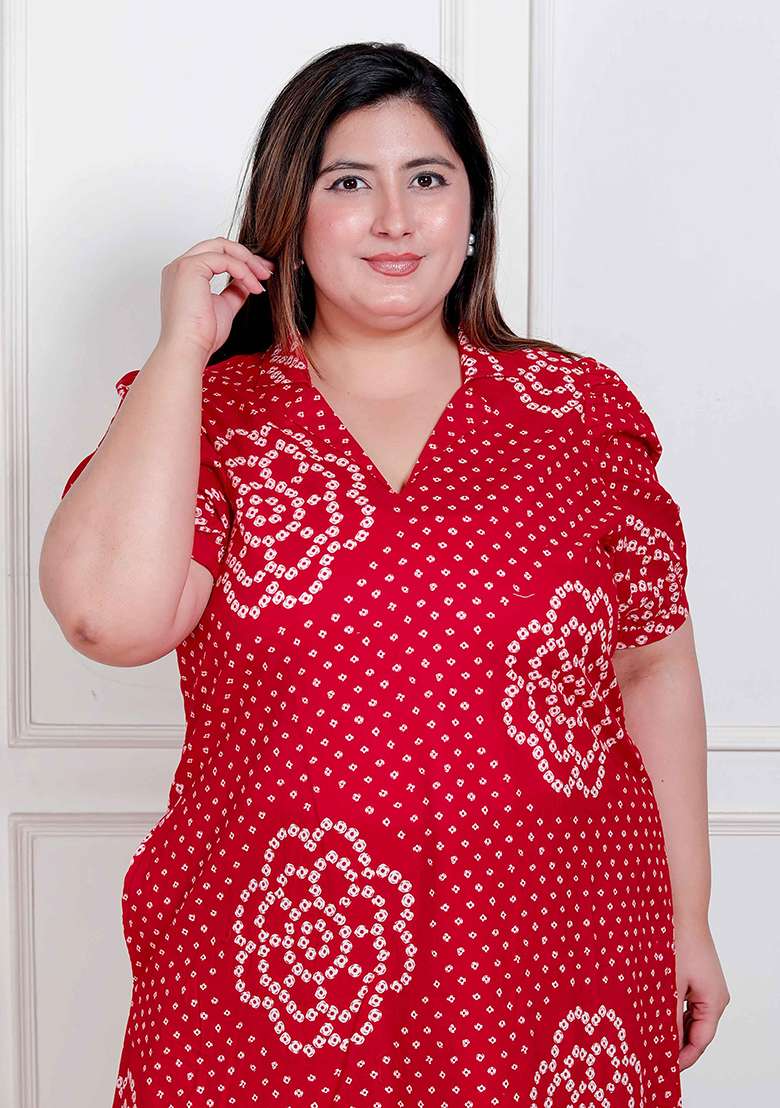 Red Bandhani Cotton Gown - Indya