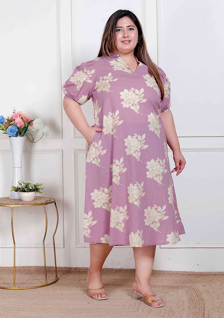 Lavender Floral Print Cotton Kurta - Indya