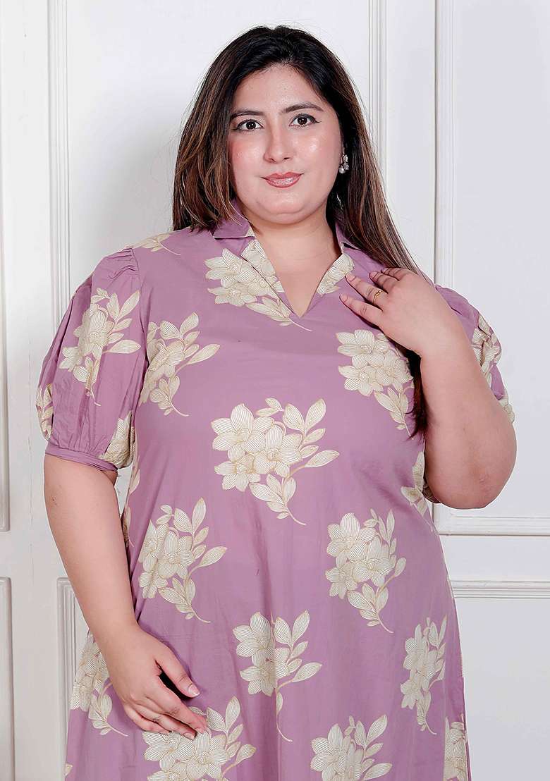 Lavender Floral Print Cotton Kurta - Indya