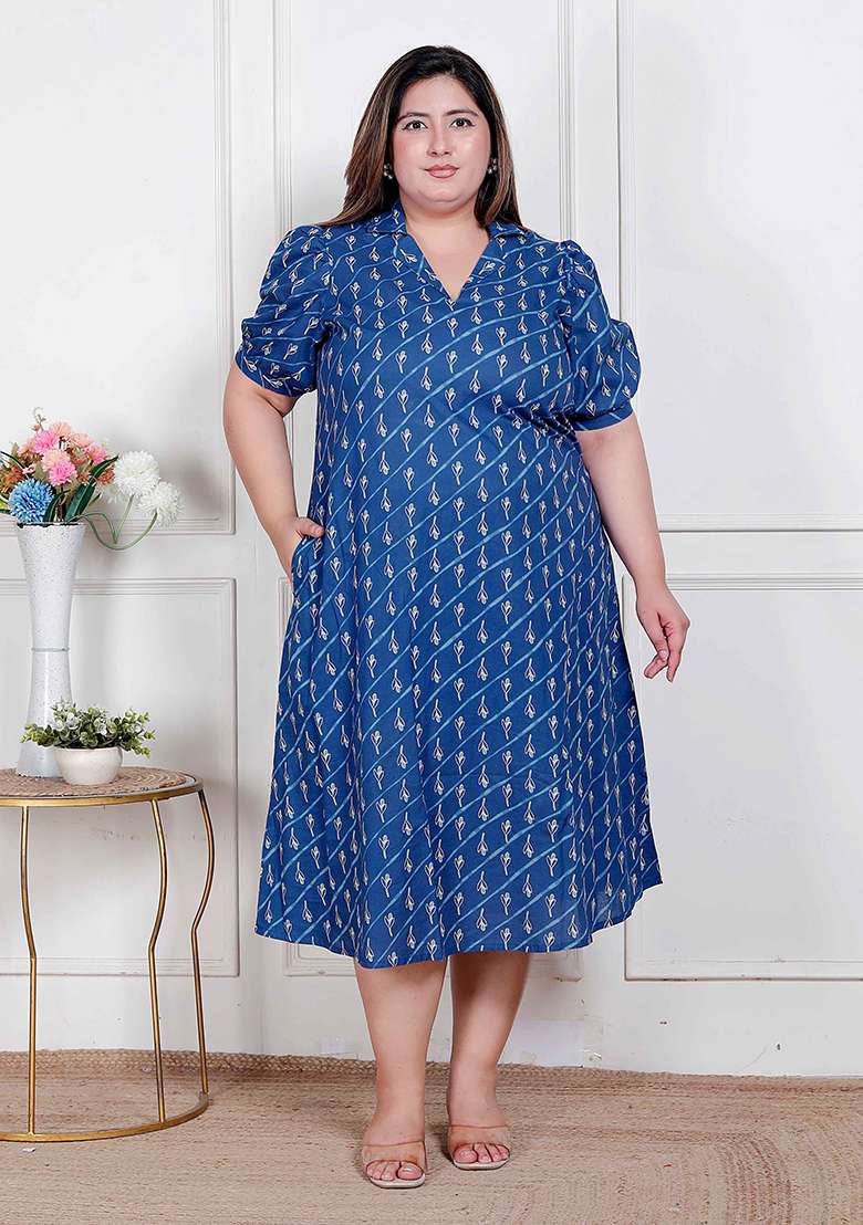 Blue Printed Cotton Gown - Indya