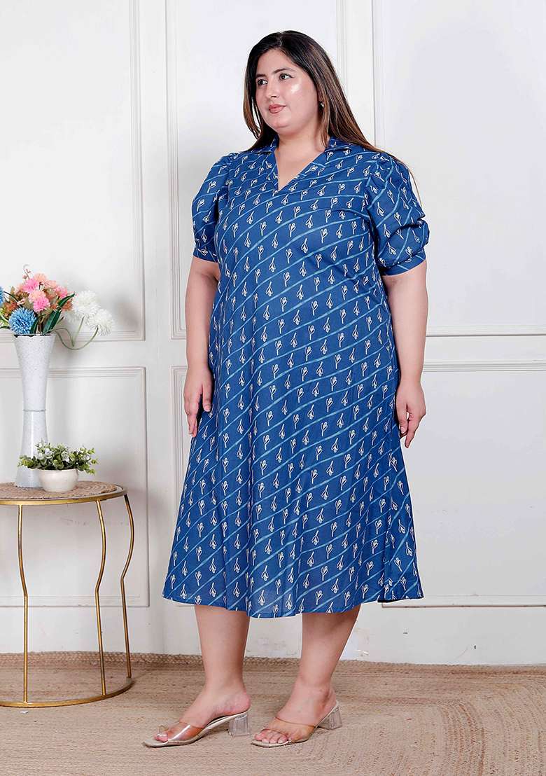 Blue Printed Cotton Gown - Indya