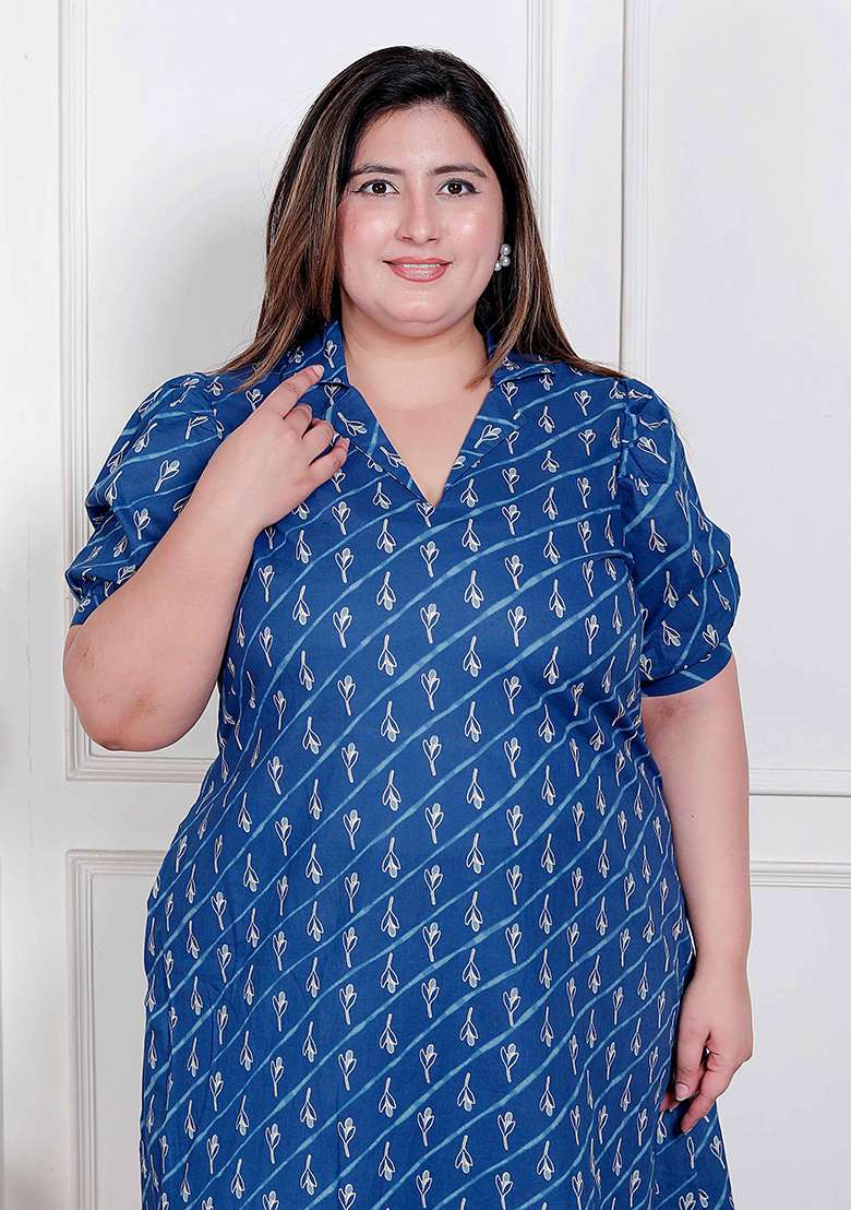 Blue Printed Cotton Gown - Indya