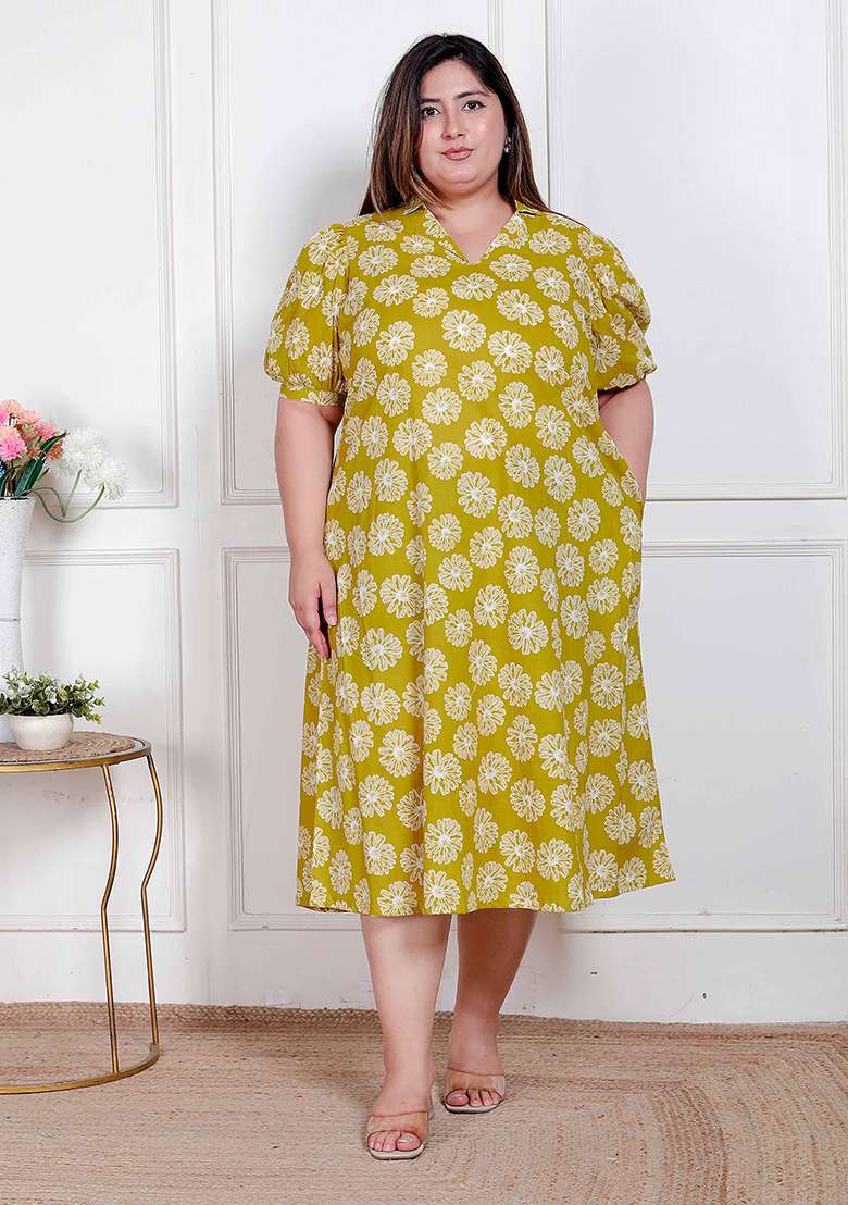 Yellow Printed Cotton Gown - Indya