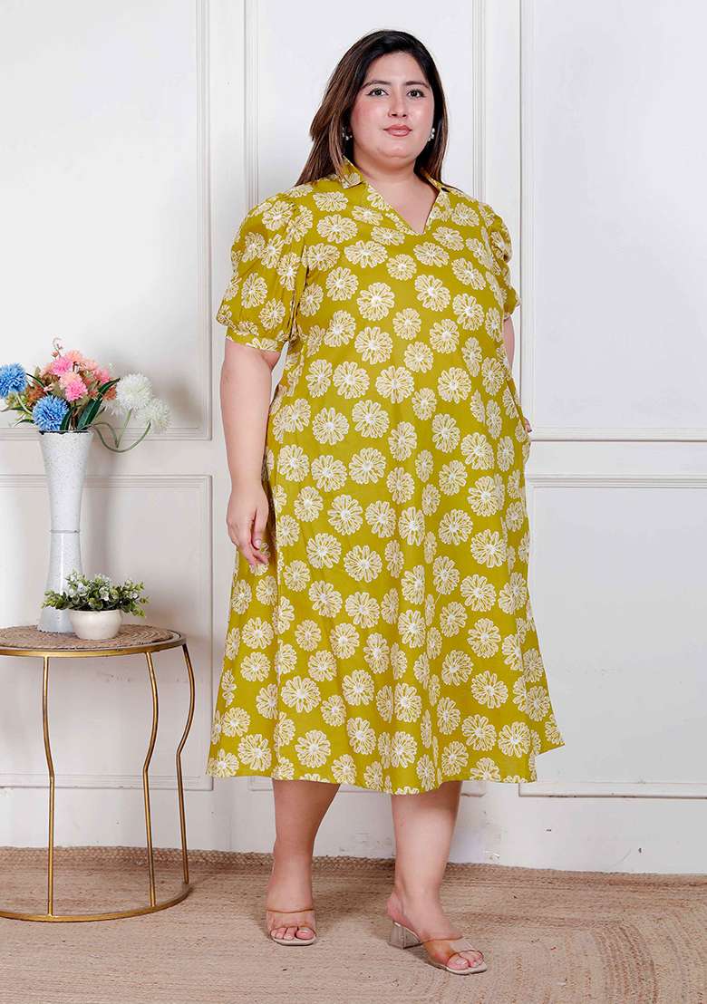 Yellow Printed Cotton Gown - Indya
