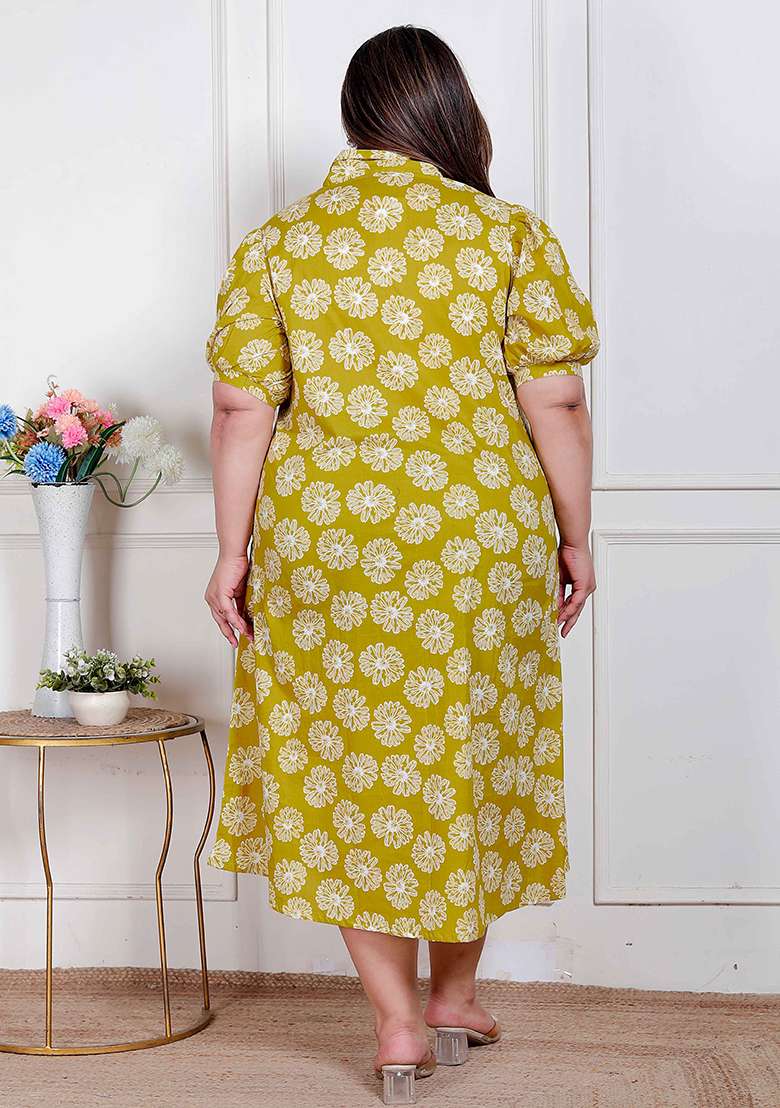Yellow Printed Cotton Gown - Indya