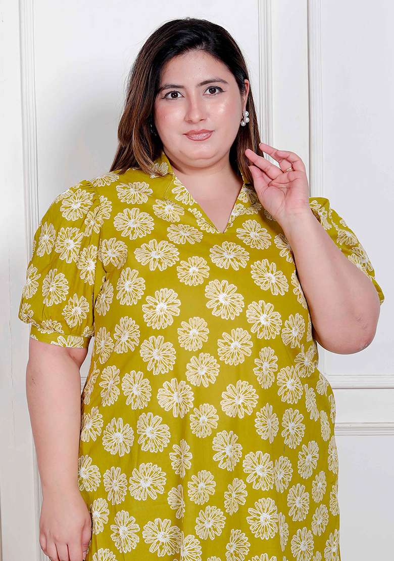 Yellow Printed Cotton Gown - Indya