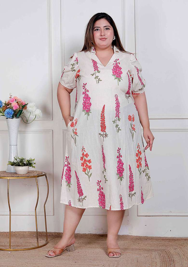 Off White Floral Print Cotton Kurta - Indya
