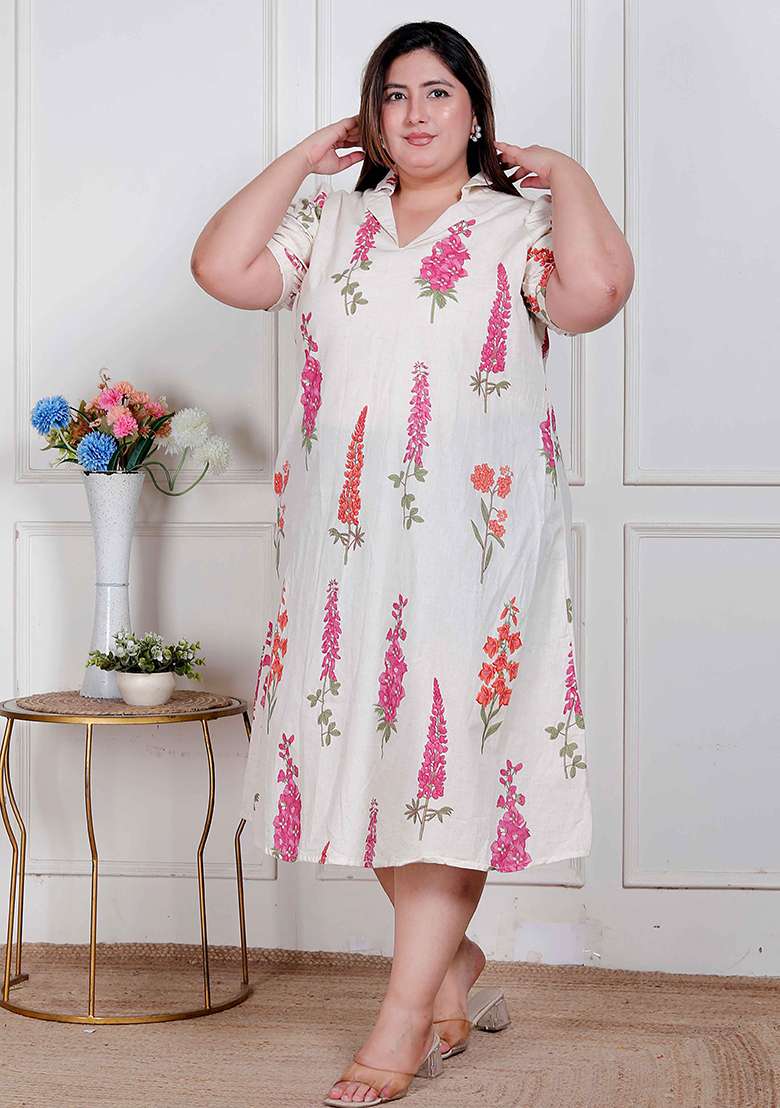 Off White Floral Print Cotton Kurta - Indya