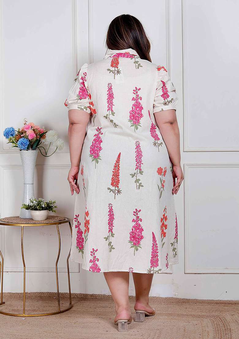 Off White Floral Print Cotton Kurta - Indya