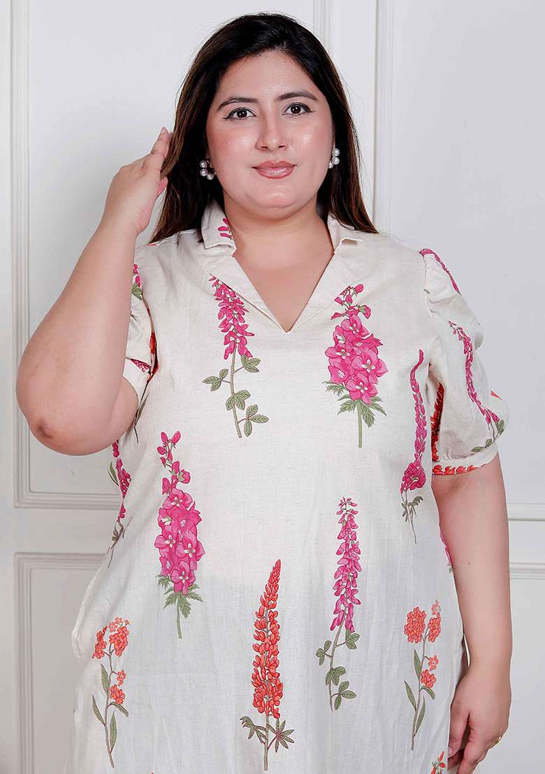 Off White Floral Print Cotton Kurta - Indya