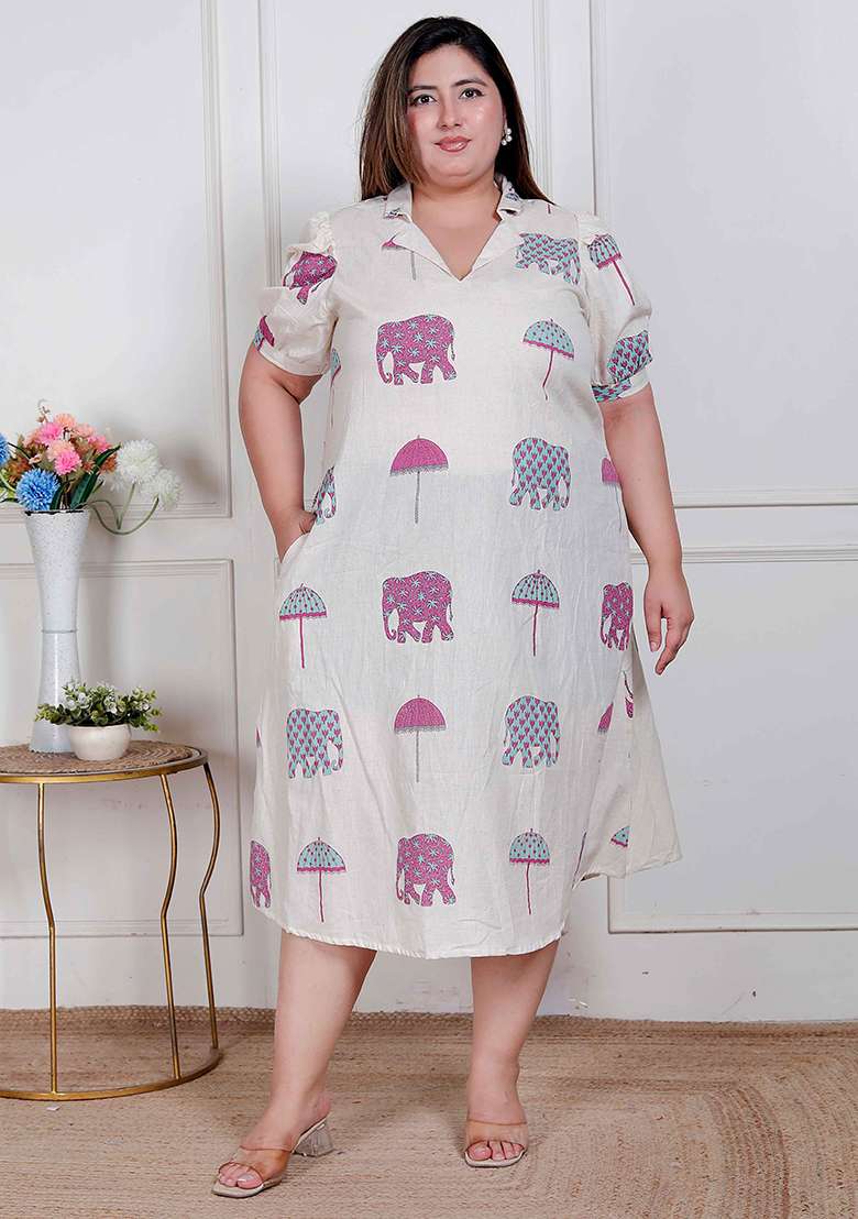 Off White Printed Cotton Kurta - Indya