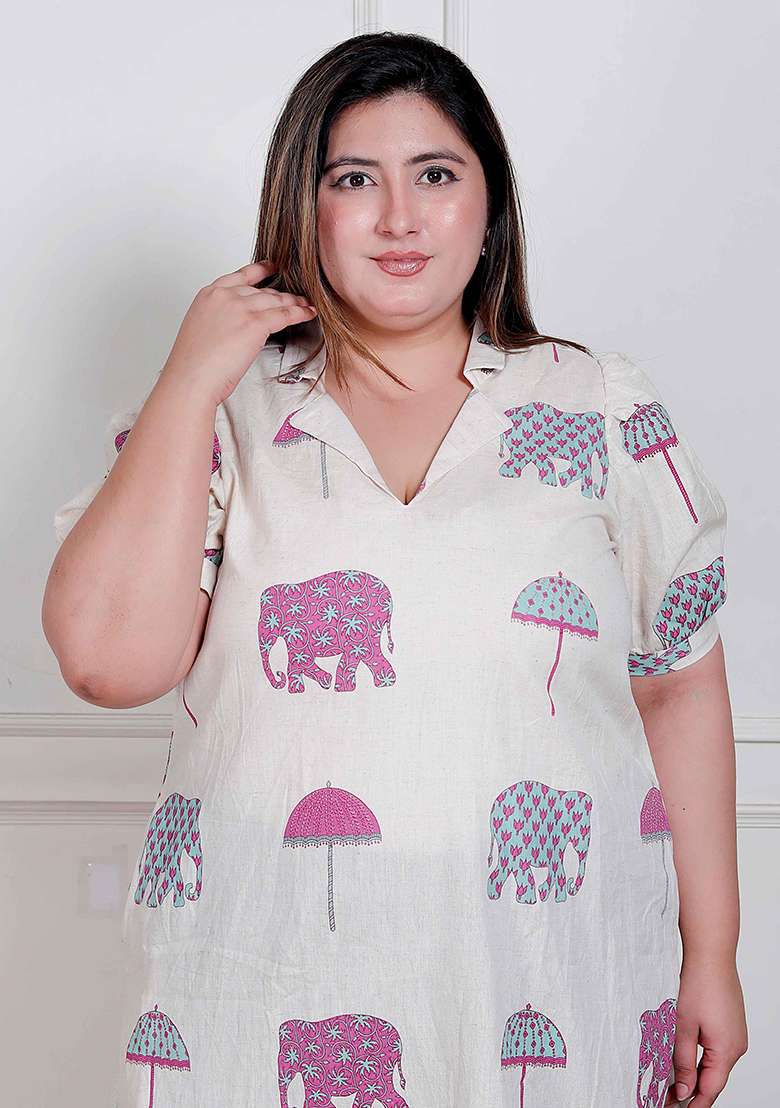 Off White Printed Cotton Kurta - Indya