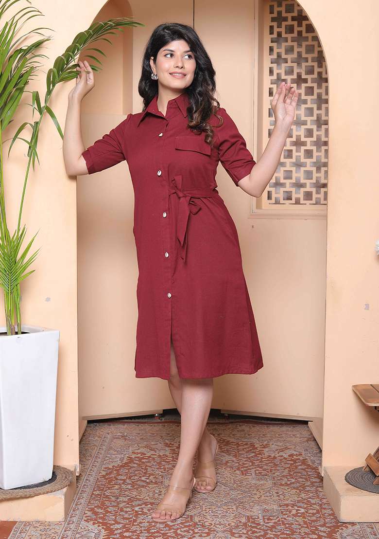 Maroon Solid Cotton Kurta - Indya