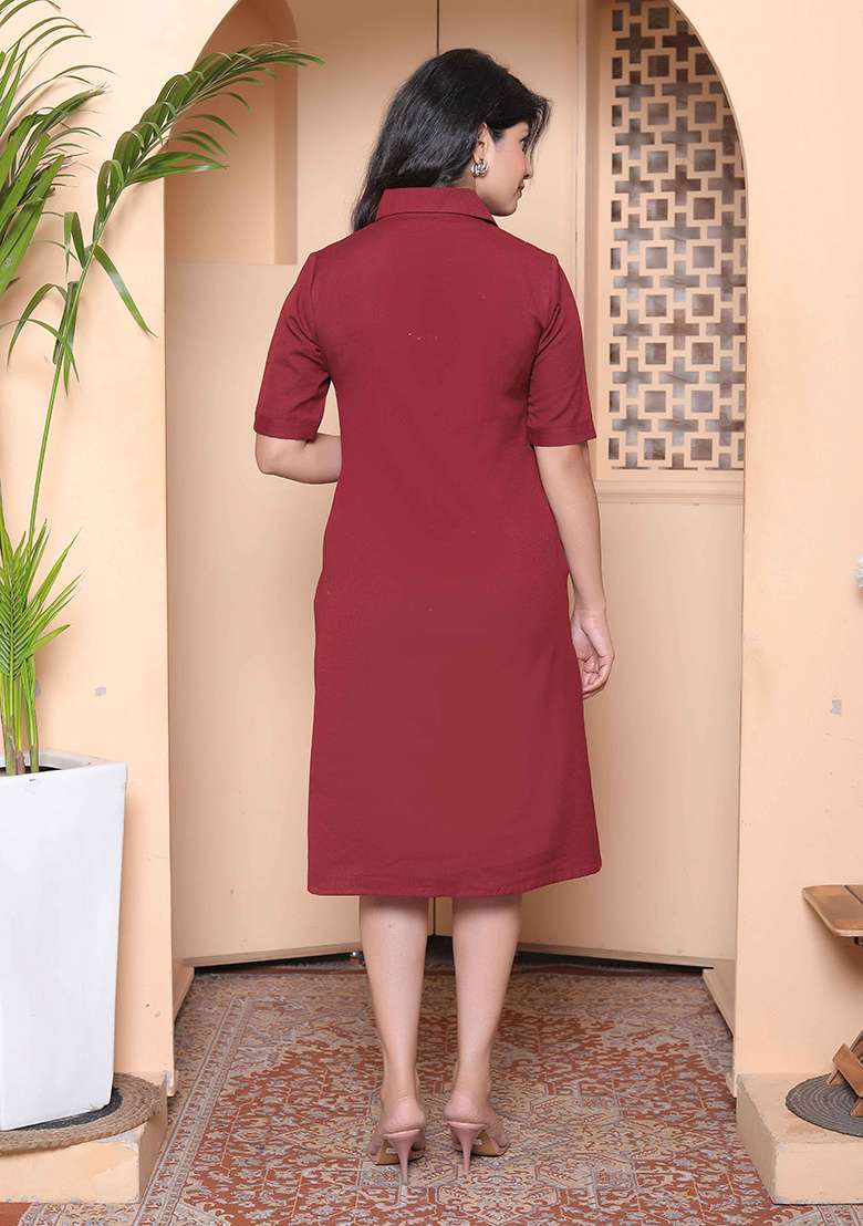 Maroon Solid Cotton Kurta - Indya