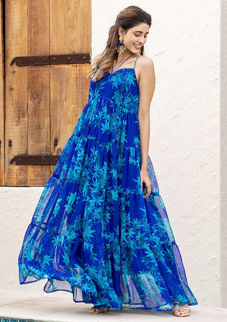 Blue Floral Print Georgette Gown - Indya