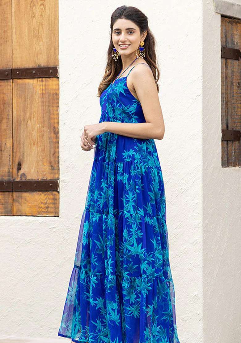 Blue Floral Print Georgette Gown - Indya