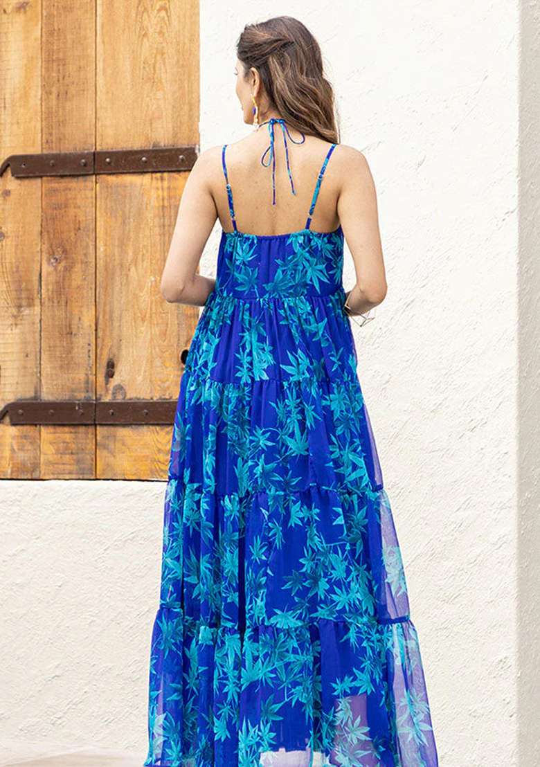 Blue Floral Print Georgette Gown - Indya
