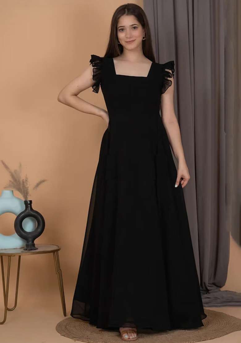 Black Solid Georgette Gown - Indya