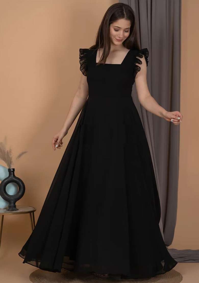 Black Solid Georgette Gown - Indya