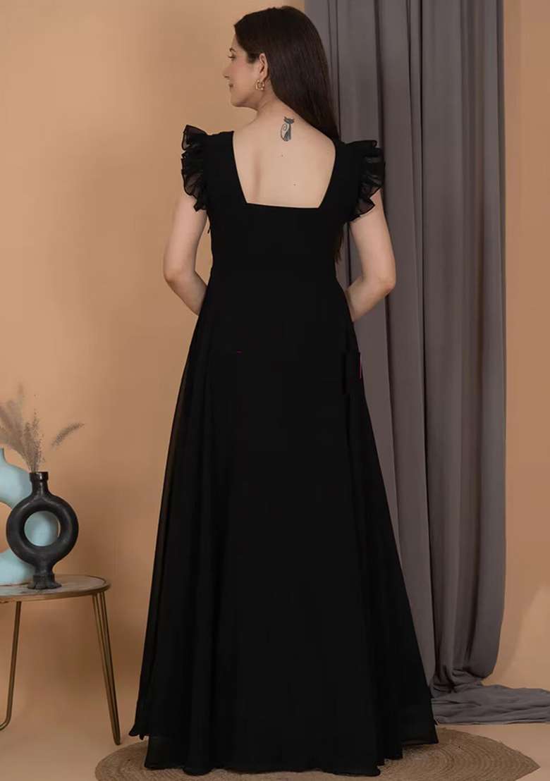 Black Solid Georgette Gown - Indya