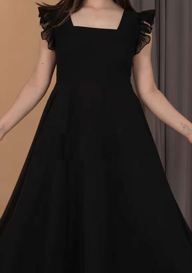 Black Solid Georgette Gown - Indya