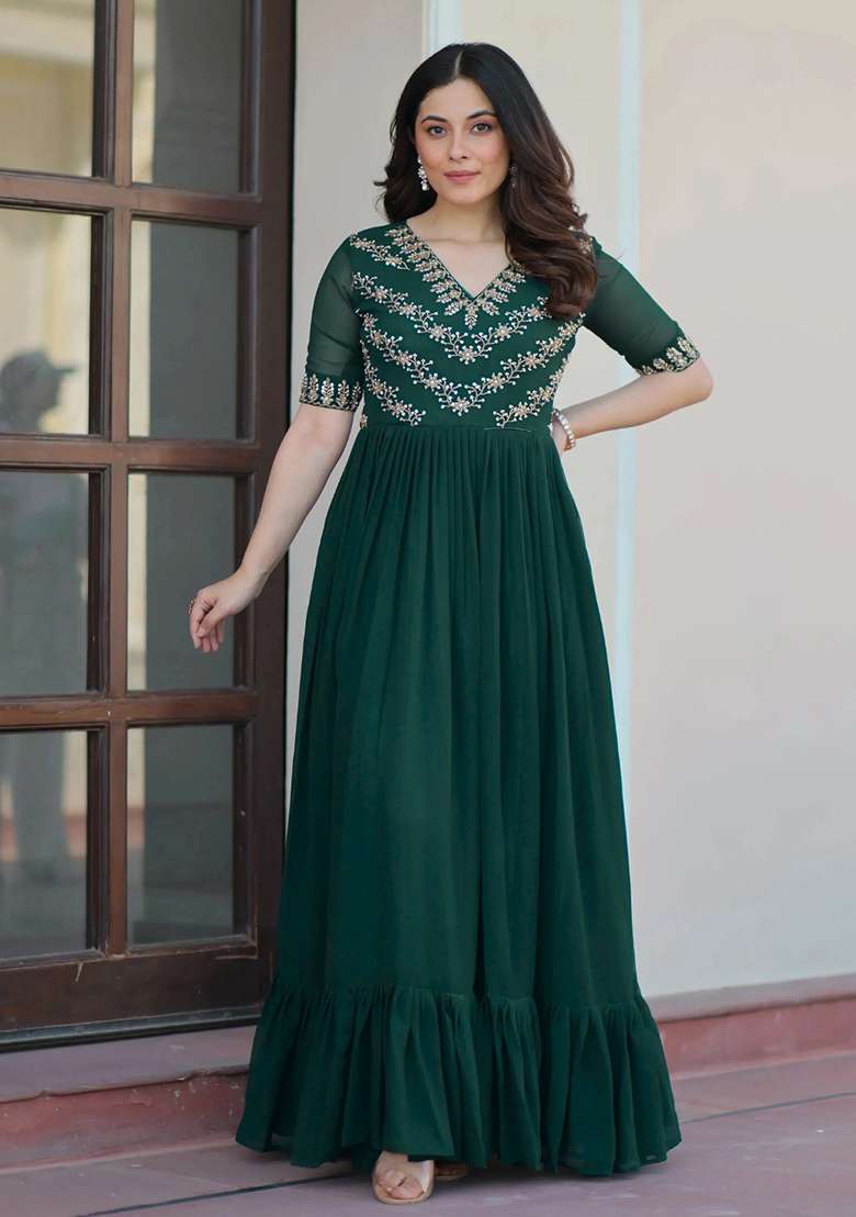 Green Embroidered Georgette Gown - Indya