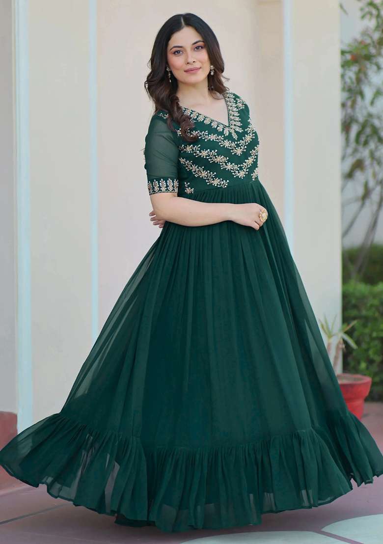 Green Embroidered Georgette Gown - Indya