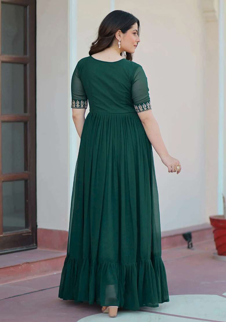 Green Embroidered Georgette Gown - Indya