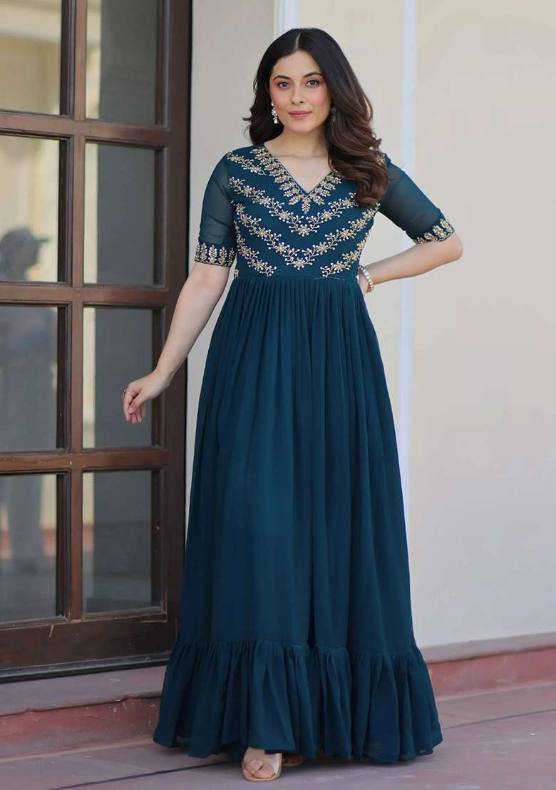 Teal Embroidery Georgette Gown - Indya