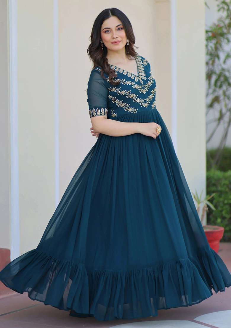 Teal Embroidery Georgette Gown - Indya