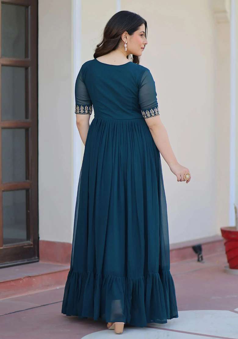 Teal Embroidery Georgette Gown - Indya