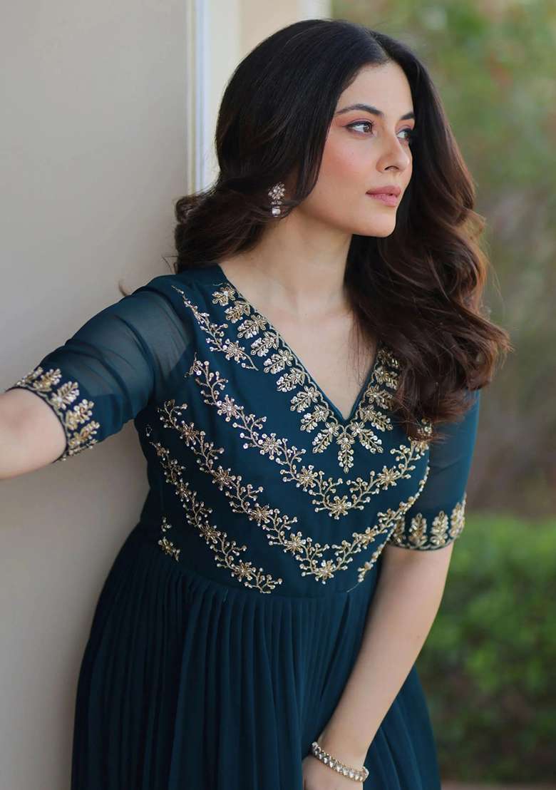 Teal Embroidery Georgette Gown - Indya