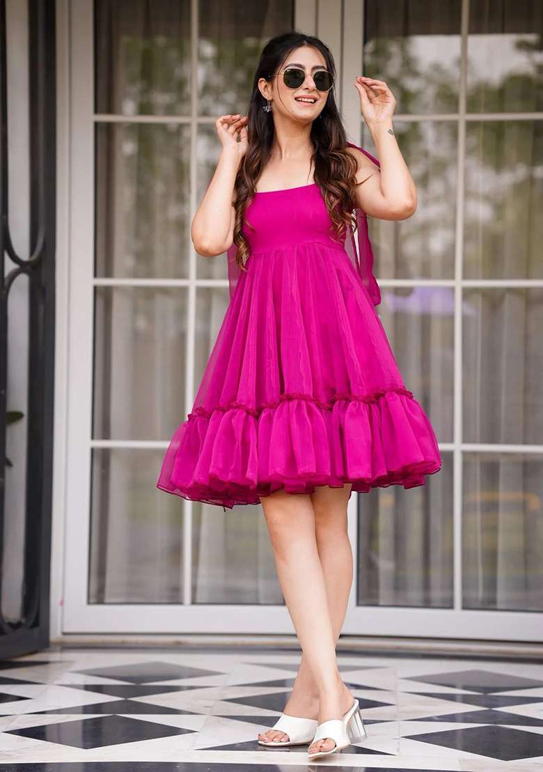 Pink Solid Organza Gown - Indya