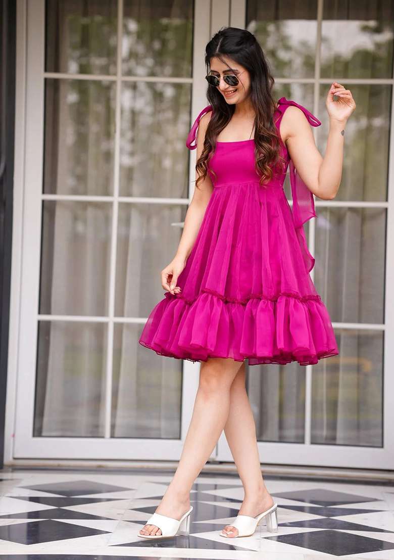 Pink Solid Organza Gown - Indya