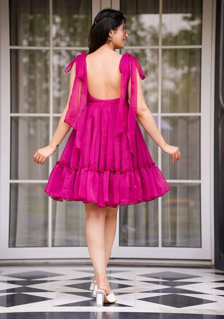 Pink Solid Organza Gown - Indya