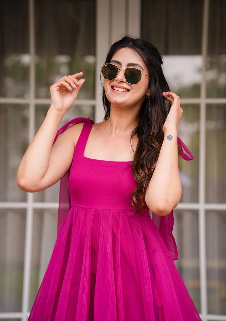 Pink Solid Organza Gown - Indya