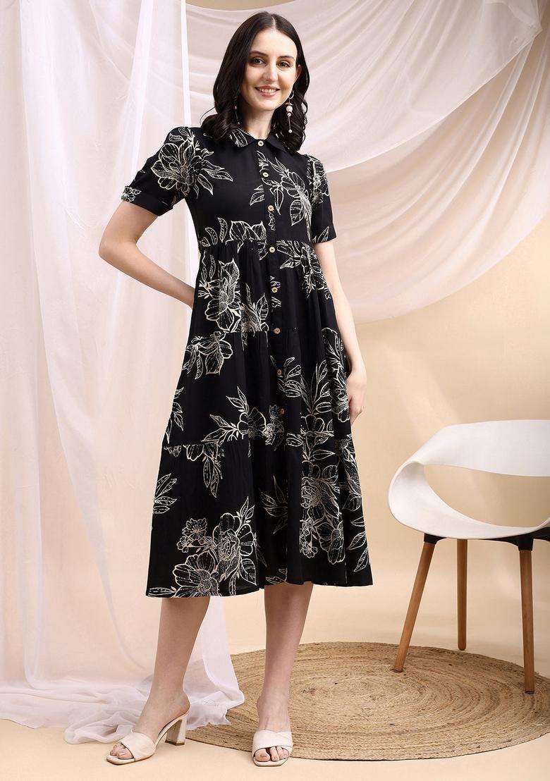 Black Floral Print Rayon Kurta - Indya