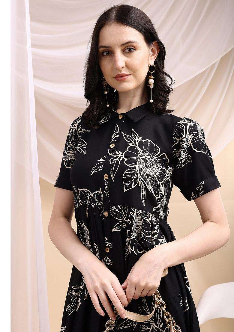 Black Floral Print Rayon Kurta - Indya