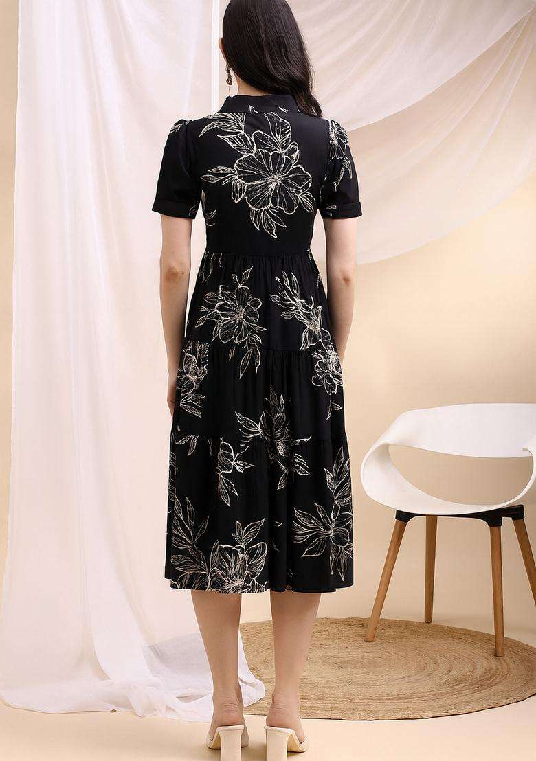 Black Floral Print Rayon Kurta - Indya