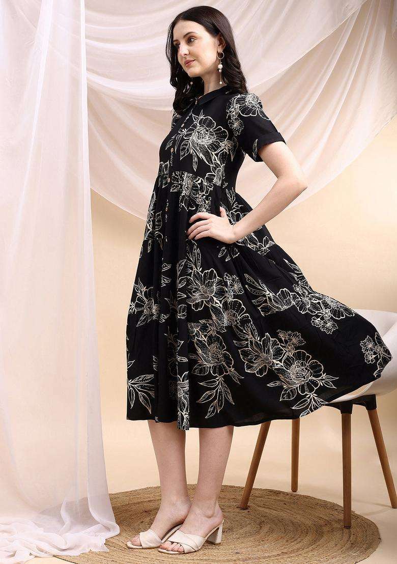 Black Floral Print Rayon Kurta - Indya