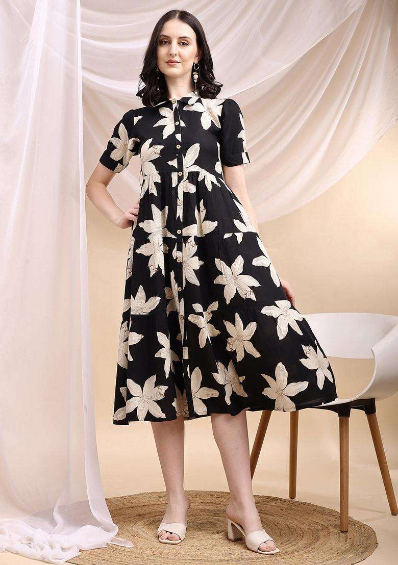 Black Floral Print Rayon Kurta - Indya