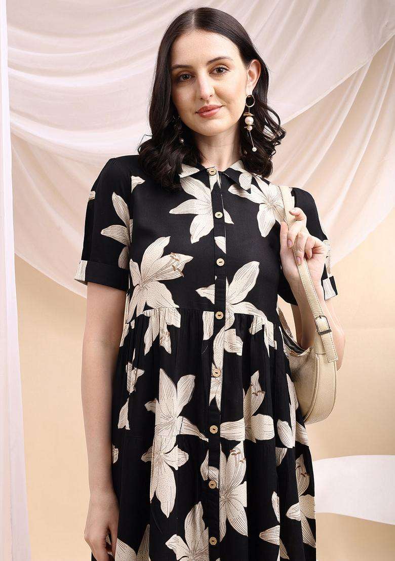 Black Floral Print Rayon Kurta - Indya